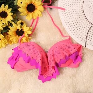 PINK Victoria’s Secret Pink Purple Ruffle Halter Push Up Bikini Swim Top Small